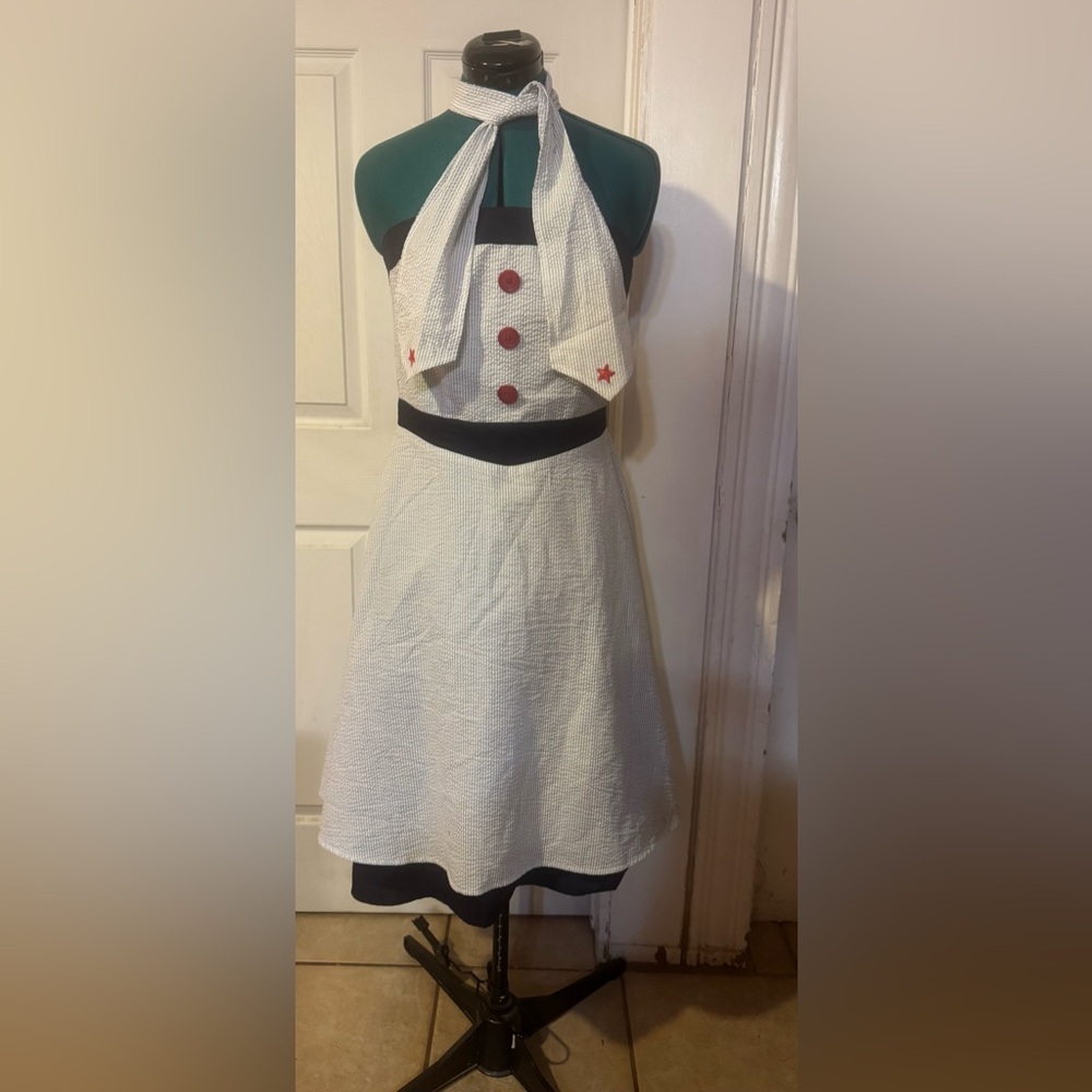 EC Star vintage 90s nautical sailor seersucker strapless sundress L